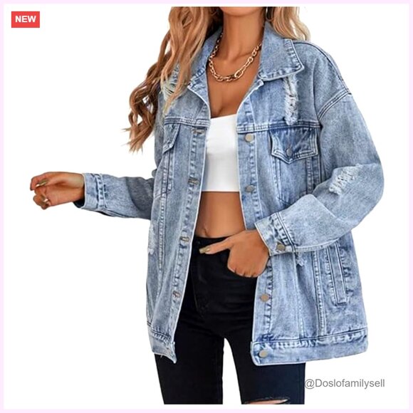 Jackets & Blazers - Oversized Distressed Denim Jacket Boyfriend Fit Ripped Casual Coat
